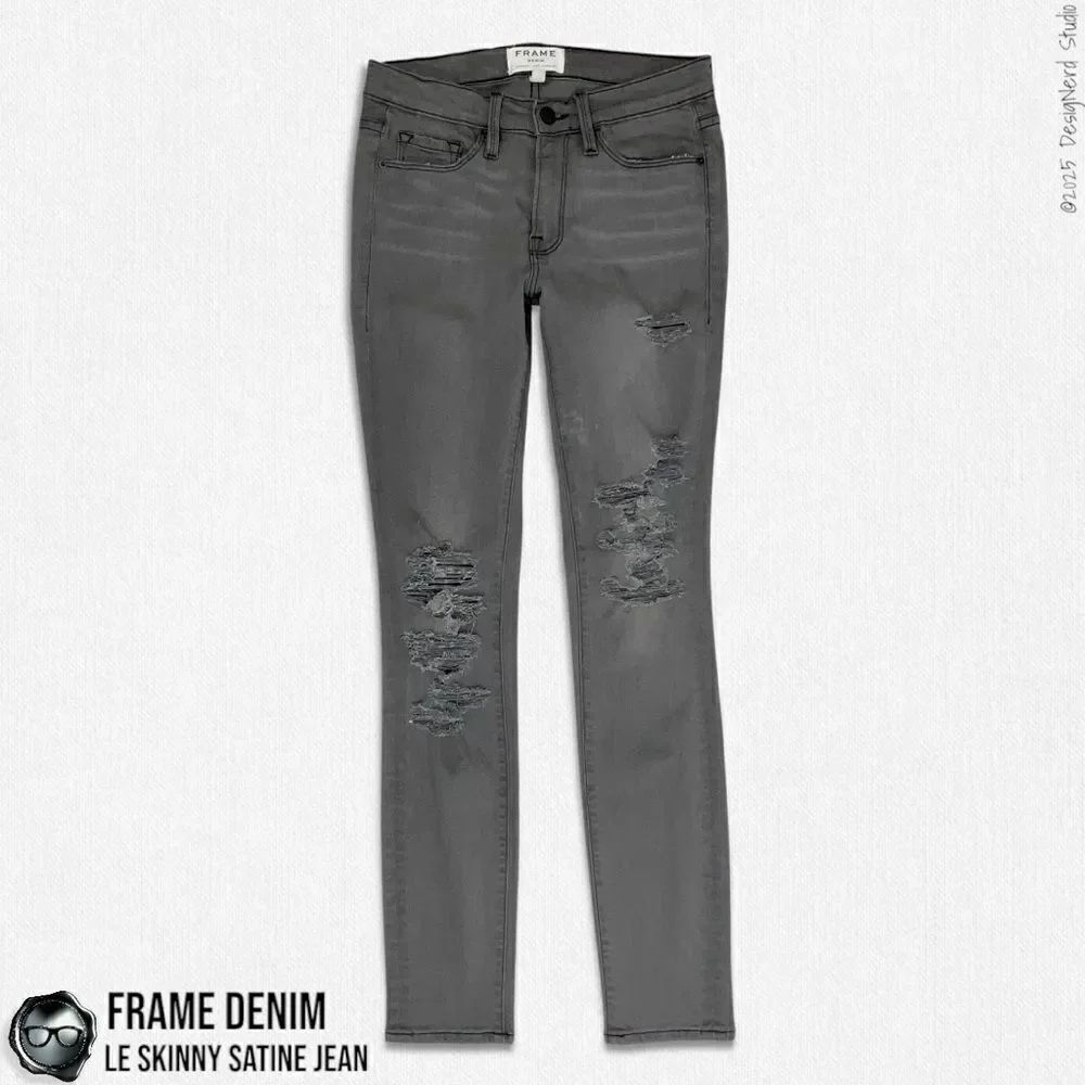 FRAME DENIM LE SKINNY SATINE DESTROYED JEANS IN GREY’S INN DARK GREY SIZE 27